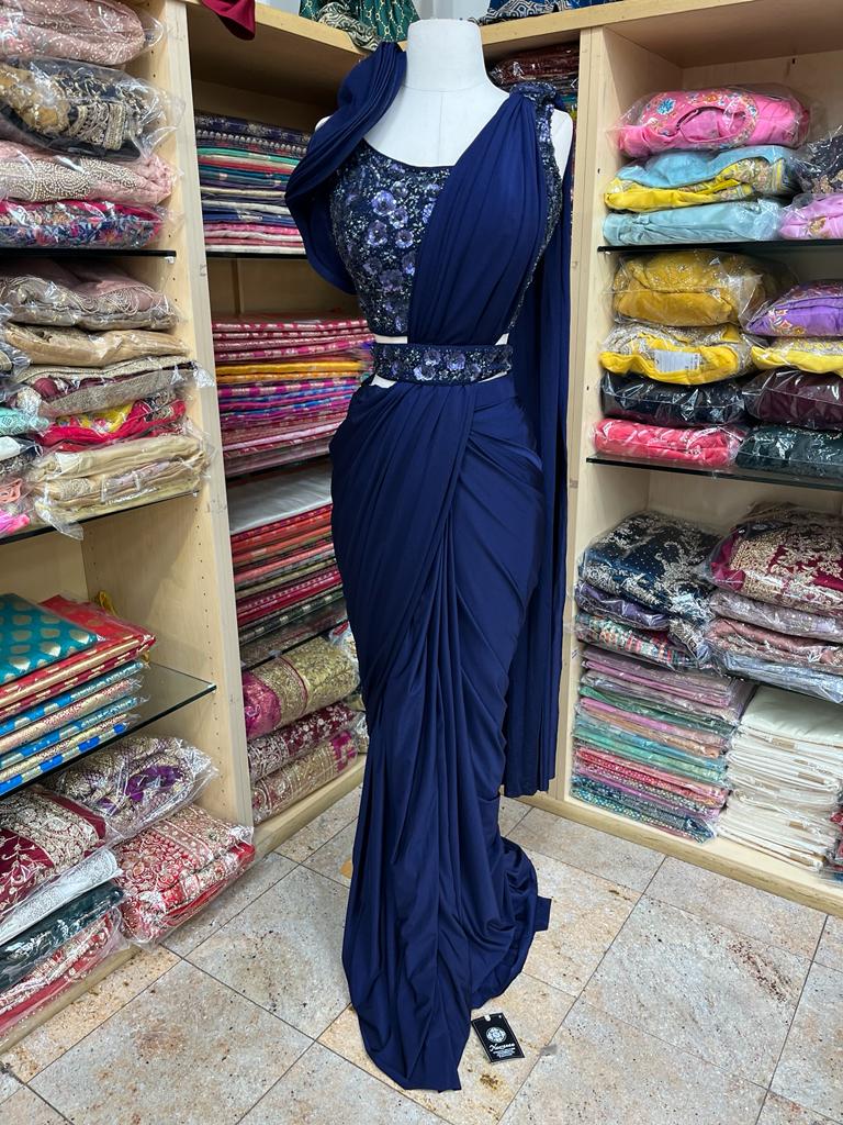 Navy Blue Pre-Stitched Saree W/ Readymade Blouse PSS-48