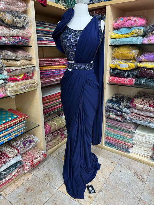 Navy Blue Pre-Stitched Saree W/ Readymade Blouse PSS-48