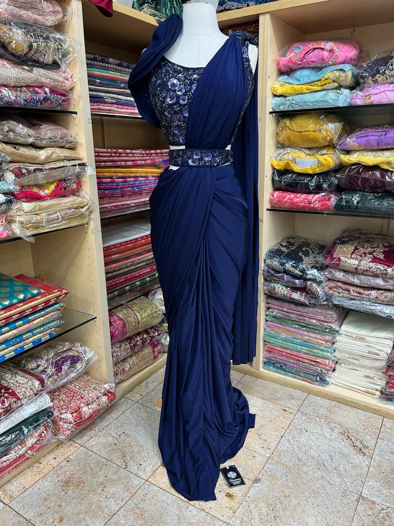 Navy Blue Pre-Stitched Saree W/ Readymade Blouse PSS-48