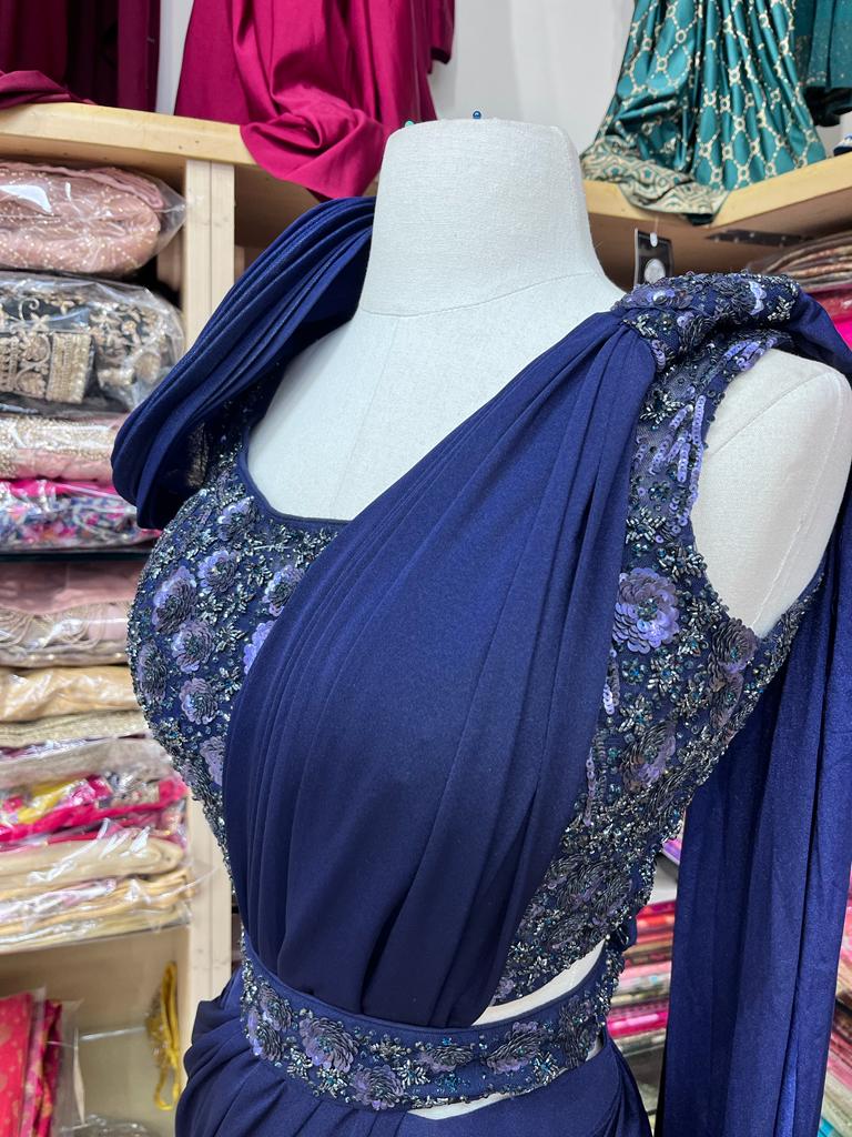 Navy Blue Pre-Stitched Saree W/ Readymade Blouse PSS-48