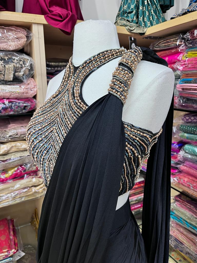 Solid Black Pre-Stitched Saree W/ Readymade Blouse PSS-47