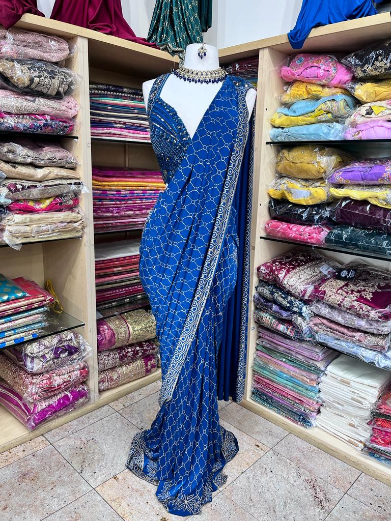 Aegean Blue Pre-Stitched Saree W/ Readymade Blouse PSS-50