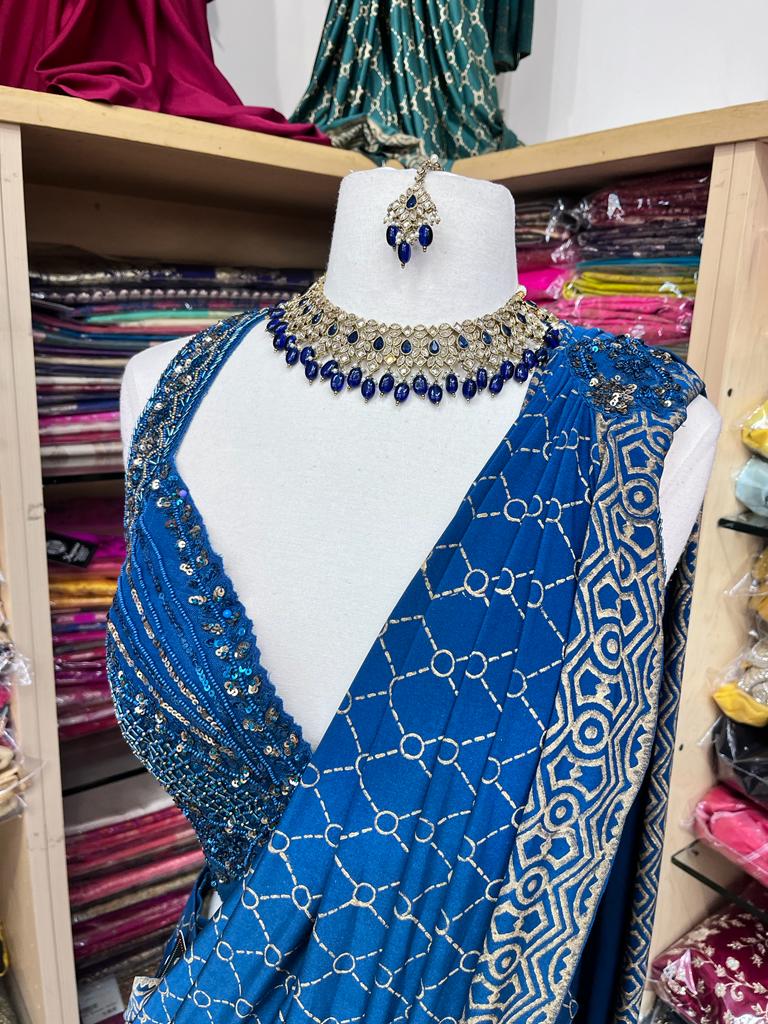 Aegean Blue Pre-Stitched Saree W/ Readymade Blouse PSS-50