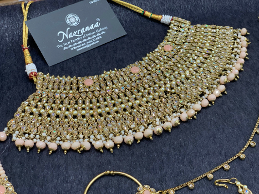 Antique Gold Bridal Choker Set with Blush Pearls and Blush Accents, Indian Bridal Jewelry