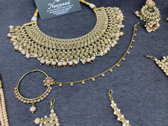 Antique Gold Bridal Choker Set with peach Pearls and peach Accents, Indian Bridal Jewelry,