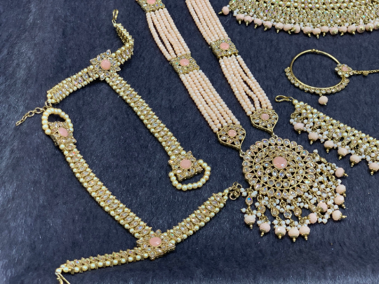 Antique Gold Bridal Choker Set with Blush Pearls and Blush Accents, Indian Bridal Jewelry