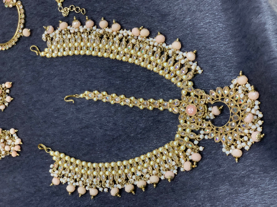 Antique Gold Bridal Choker Set with Blush Pearls and Blush Accents, Indian Bridal Jewelry