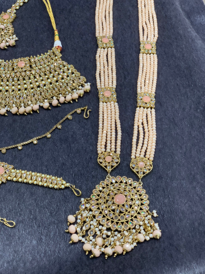 Antique Gold Bridal Choker Set with Blush Pearls and Blush Accents, Indian Bridal Jewelry