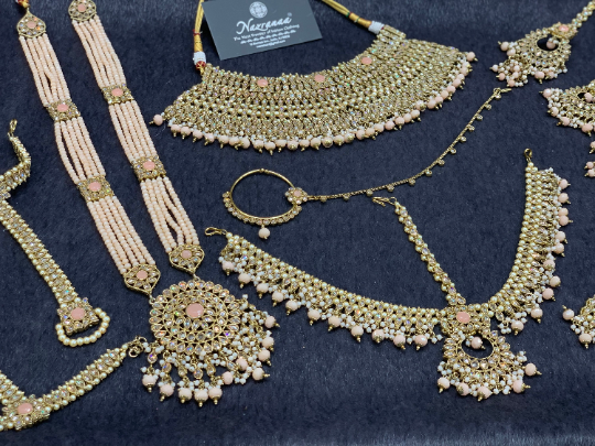 Antique Gold Bridal Choker Set with Blush Pearls and Blush Accents, Indian Bridal Jewelry