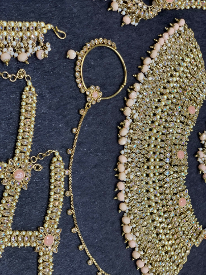 Antique Gold Bridal Choker Set with Blush Pearls and Blush Accents, Indian Bridal Jewelry