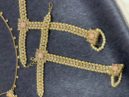 Antique Gold Bridal Choker Set with Blush Pearls and Blush Accents, Indian Bridal Jewelry