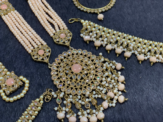 Antique Gold Bridal Choker Set with Blush Pearls and Blush Accents, Indian Bridal Jewelry