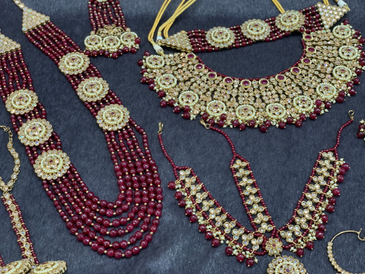 Antique Gold Bridal Choker Set with Maroon Pearls and Maroon Accents, Indian Bridal Jewelry.