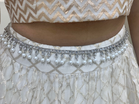 Silver waistbelt with white pearl accents, Indian silver stone bellychain, Wedding accessories ,Pakistani wedding jewelry