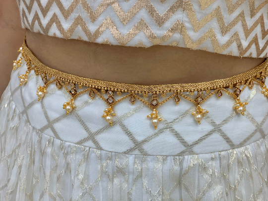 Gold waistbelt with polki stones and pearl accents ,Indian Southindian waistchain,Indian jewellery