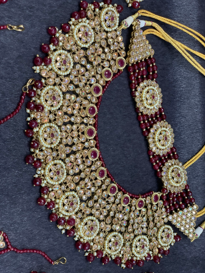 Antique Gold Bridal Choker Set with Maroon Pearls and Maroon Accents, Indian Bridal Jewelry.