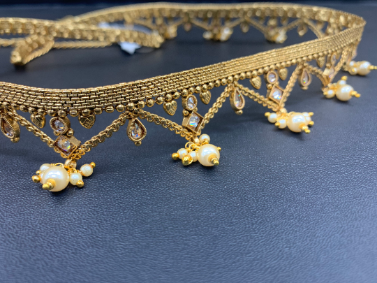 Gold waistbelt with polki stones and pearl accents ,Indian Southindian waistchain,Indian jewellery