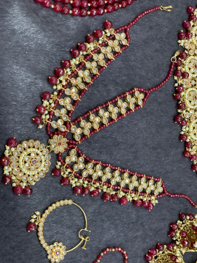 Antique Gold Bridal Choker Set with Maroon Pearls and Maroon Accents, Indian Bridal Jewelry.