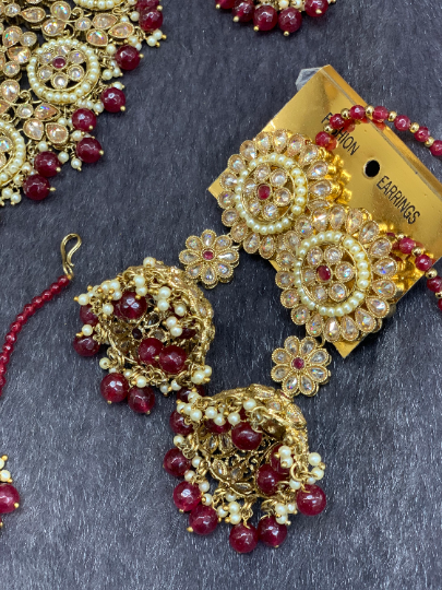 Antique Gold Bridal Choker Set with Maroon Pearls and Maroon Accents, Indian Bridal Jewelry.