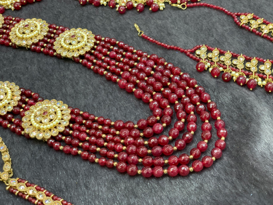 Antique Gold Bridal Choker Set with Maroon Pearls and Maroon Accents, Indian Bridal Jewelry.