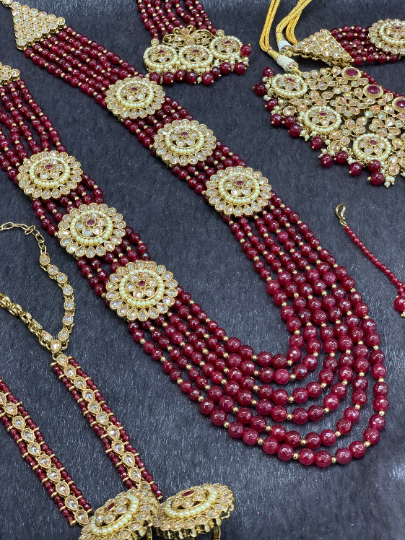 Antique Gold Bridal Choker Set with Maroon Pearls and Maroon Accents, Indian Bridal Jewelry.