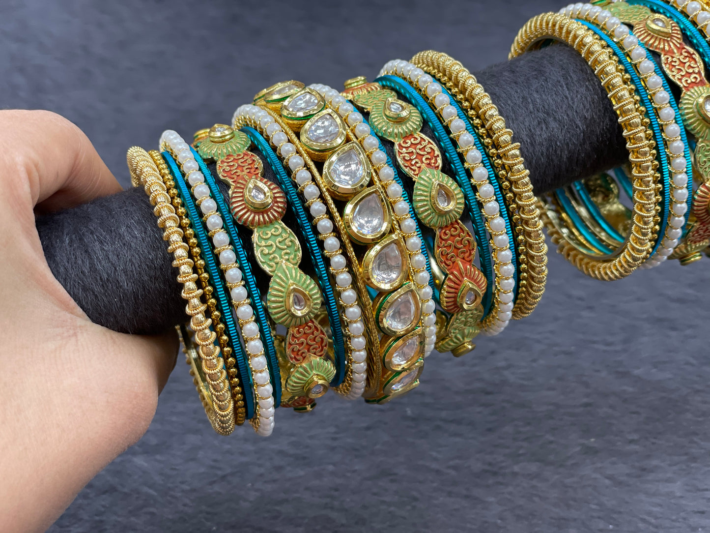 Kundan Bangle Set with Handprinted Work in Mint Accents, Size 2.4