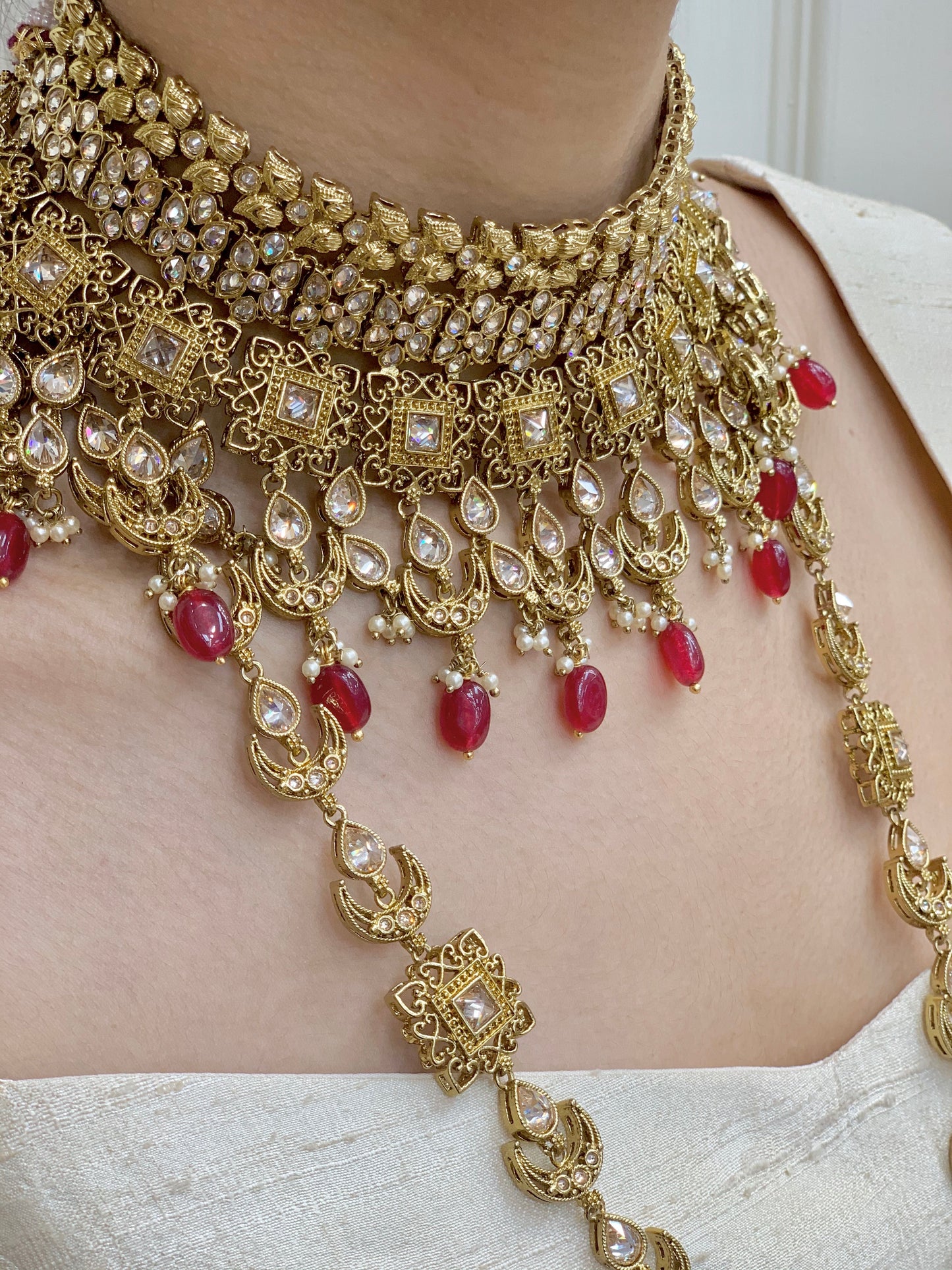 Chetna Antique Gold Bridal Jewelry W/Maroon Accents