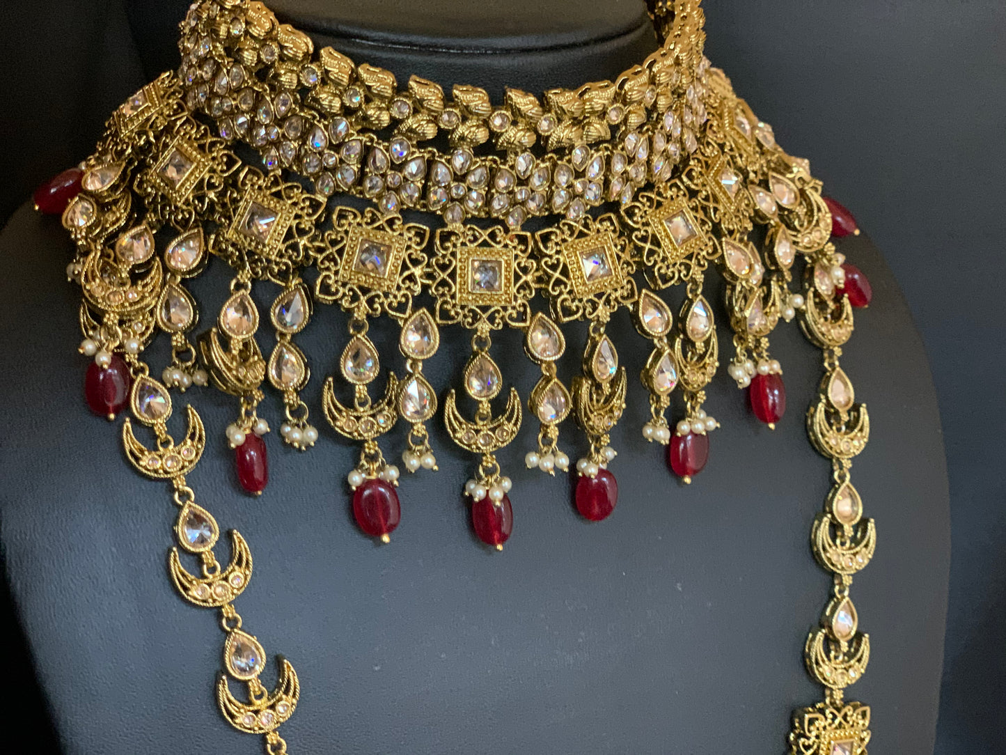 Chetna Antique Gold Bridal Jewelry W/Maroon Accents