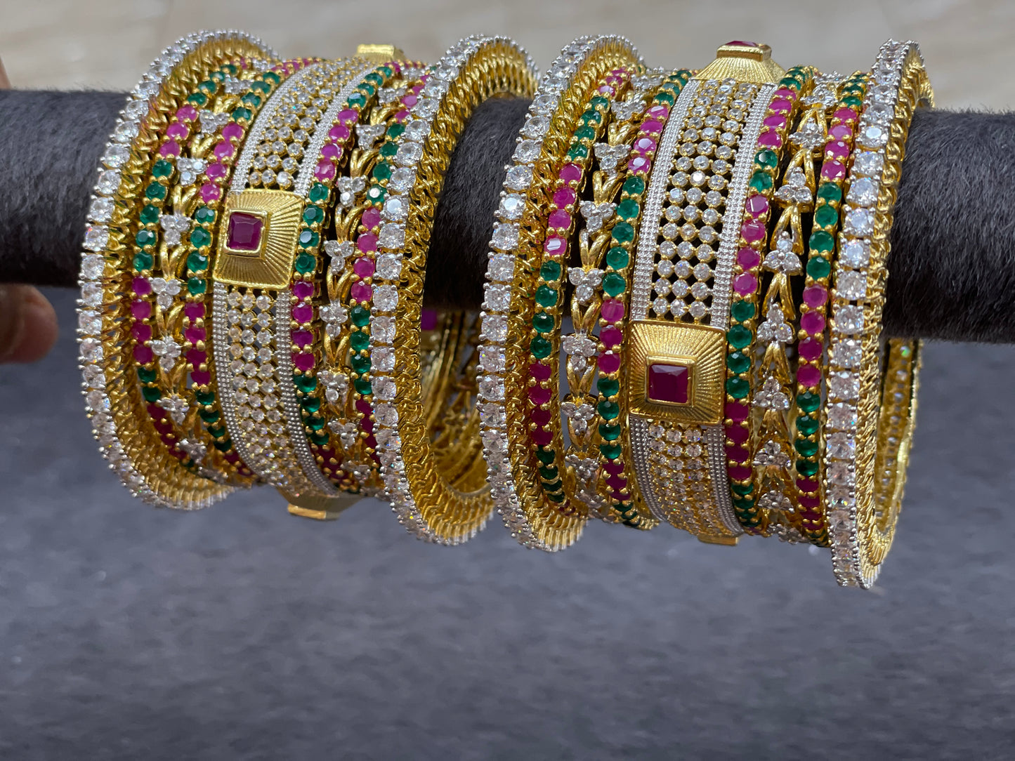 Cubic Zirconia Bangle Set with Emerald and Ruby Stones,  Size 2.6