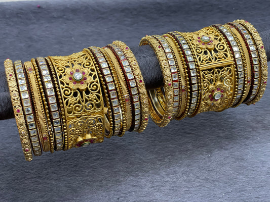 Traditional Bangle Set with Kundan and Ruby Accents W/ Adjustable Kada, Size 2.6