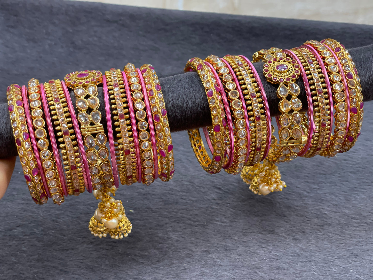 Traditional Gold Custom Bangles Set with Dropings