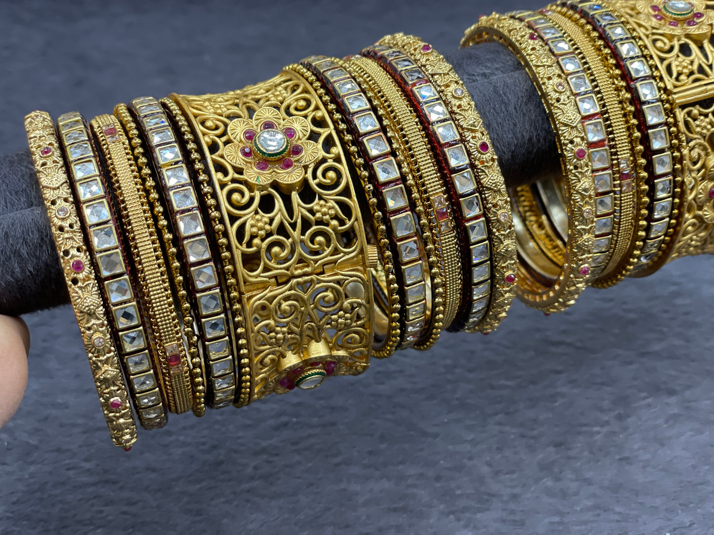 Traditional Bangle Set with Kundan and Ruby Accents W/ Adjustable Kada, Size 2.6