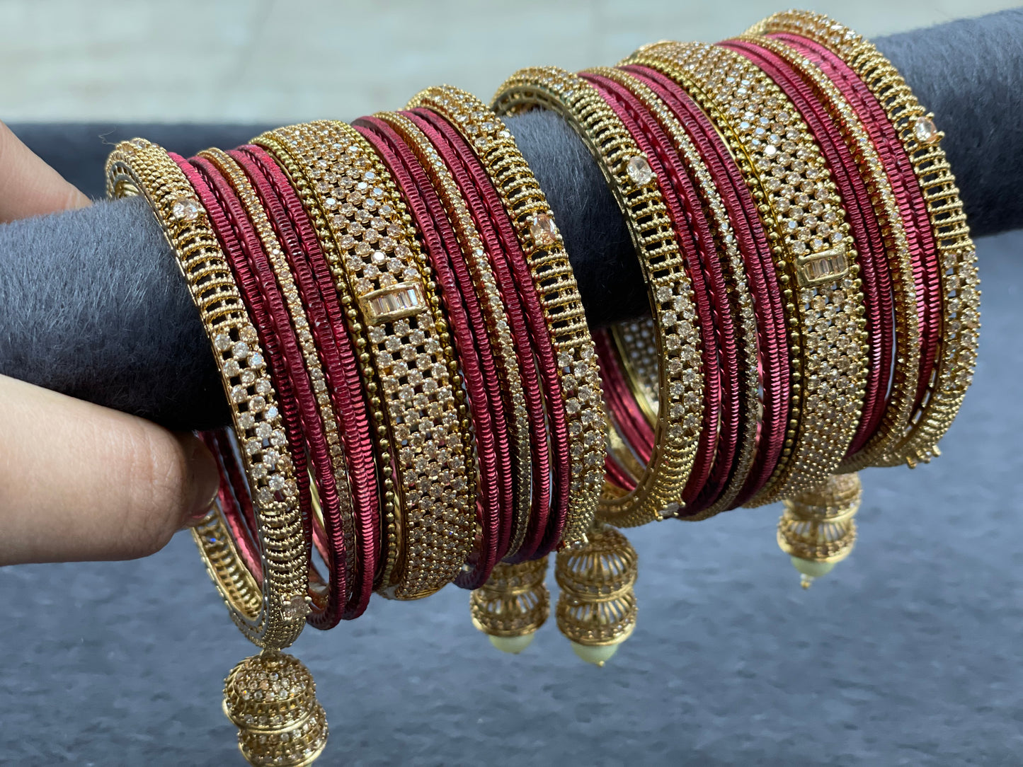 Indian Rose Gold Cubic Zirconia Bangle Set W/ Droppings