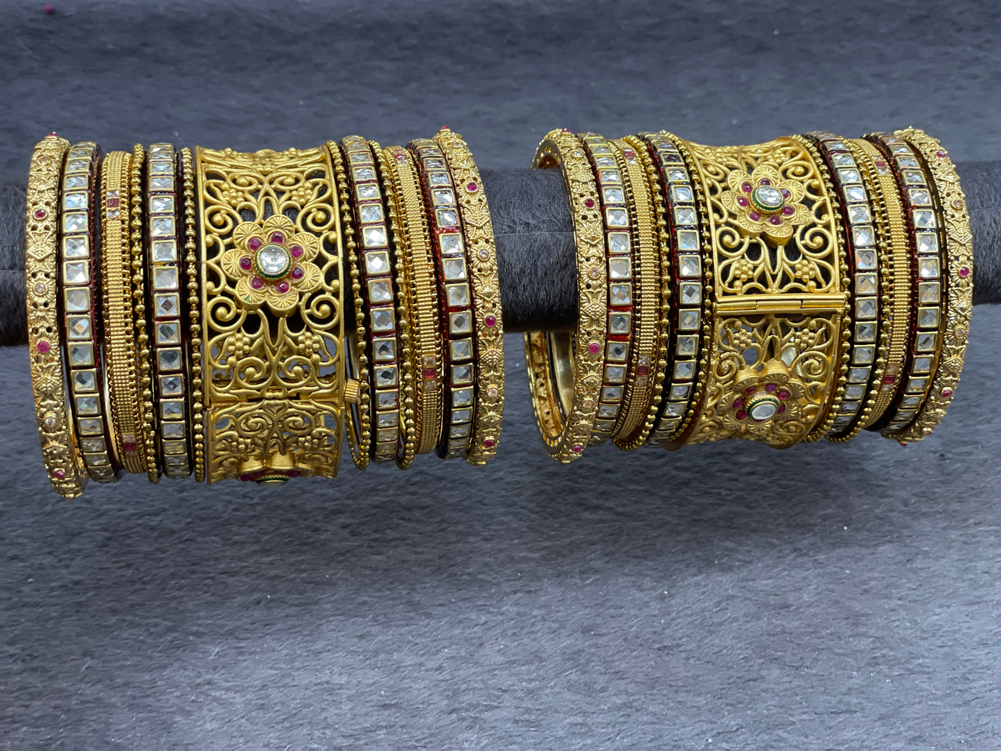 Traditional Bangle Set with Kundan and Ruby Accents W/ Adjustable Kada, Size 2.6