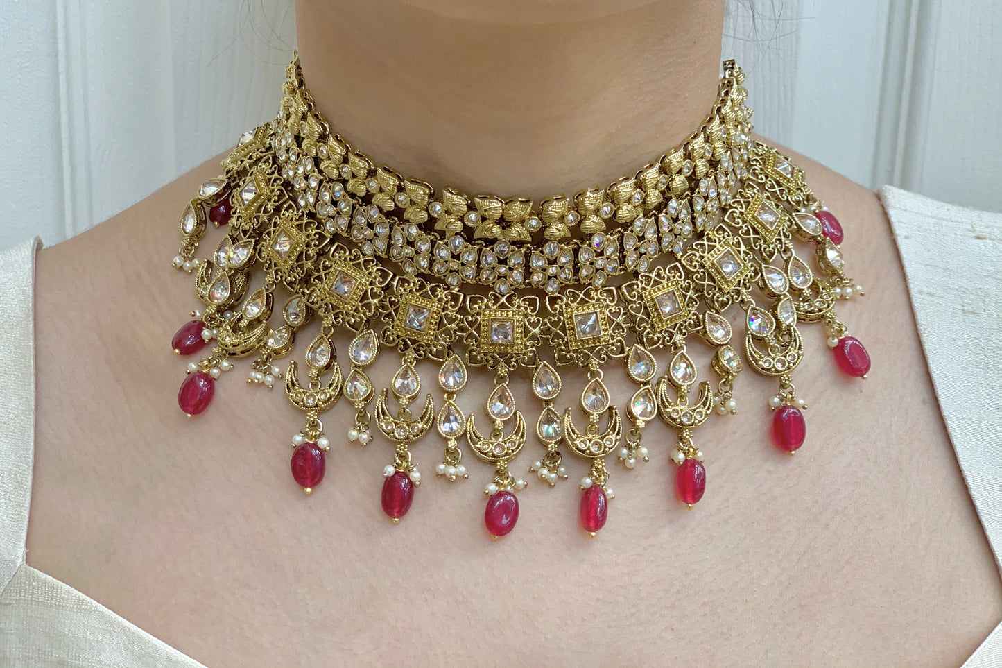 Chetna Antique Gold Bridal Jewelry W/Maroon Accents