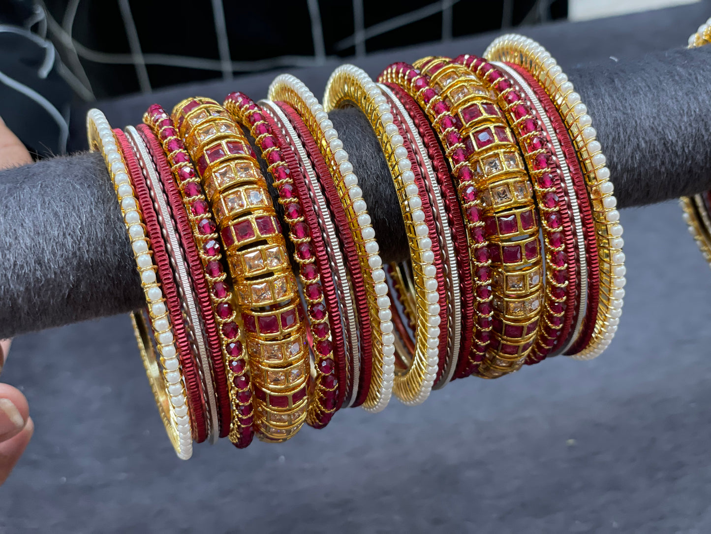 Gold Bangle Set Paired with Pearl Bangle