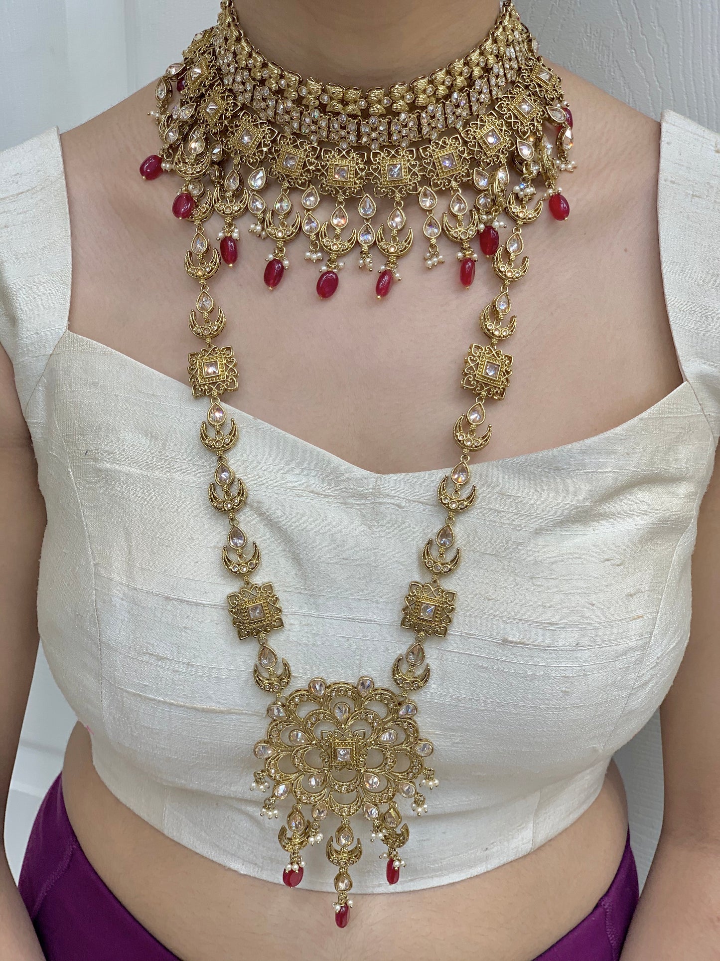 Chetna Antique Gold Bridal Jewelry W/Maroon Accents