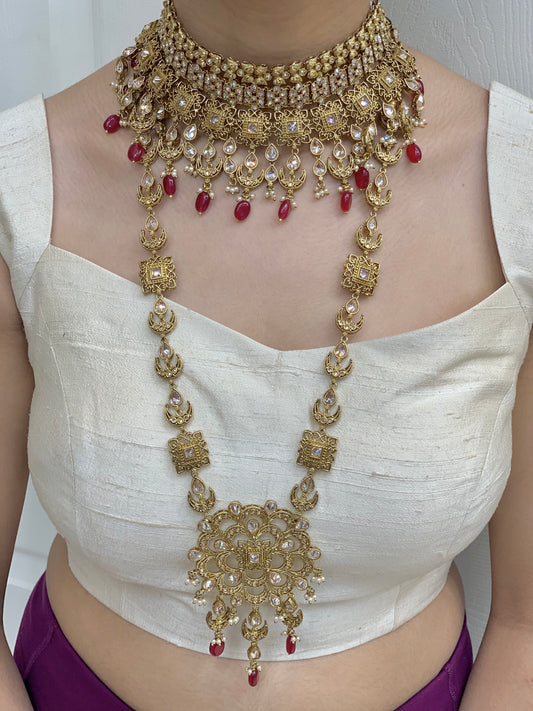 Chetna Antique Gold Bridal Jewelry W/Maroon Accents