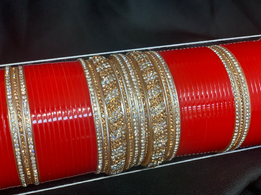 Bridal Red Chuda W/Gold-Silver Rhinestone Kadas BC3