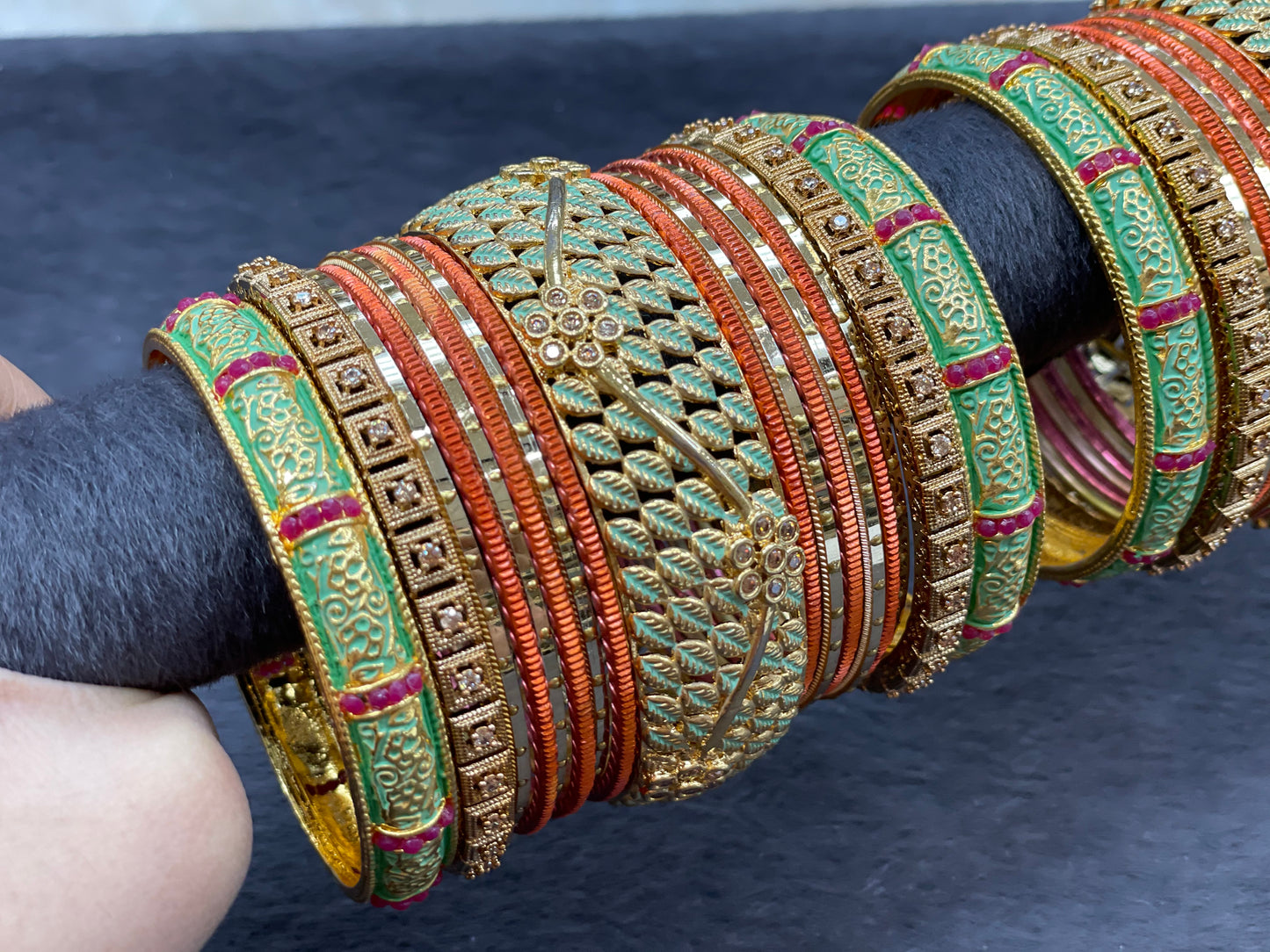 Gold Bangle Set with Handprinted Minawork Kangans, Size 2.6