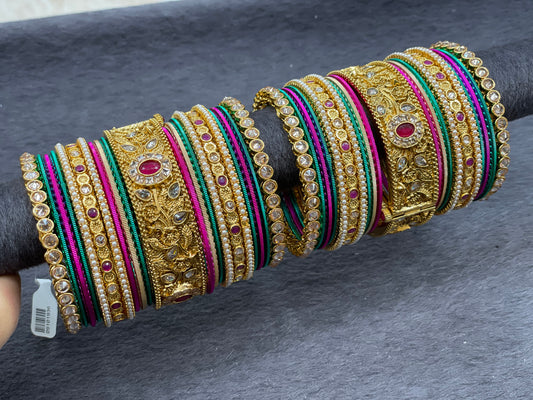 Traditional Gold Bangles with Ruby Accents and Polki Stones, Size 2.6