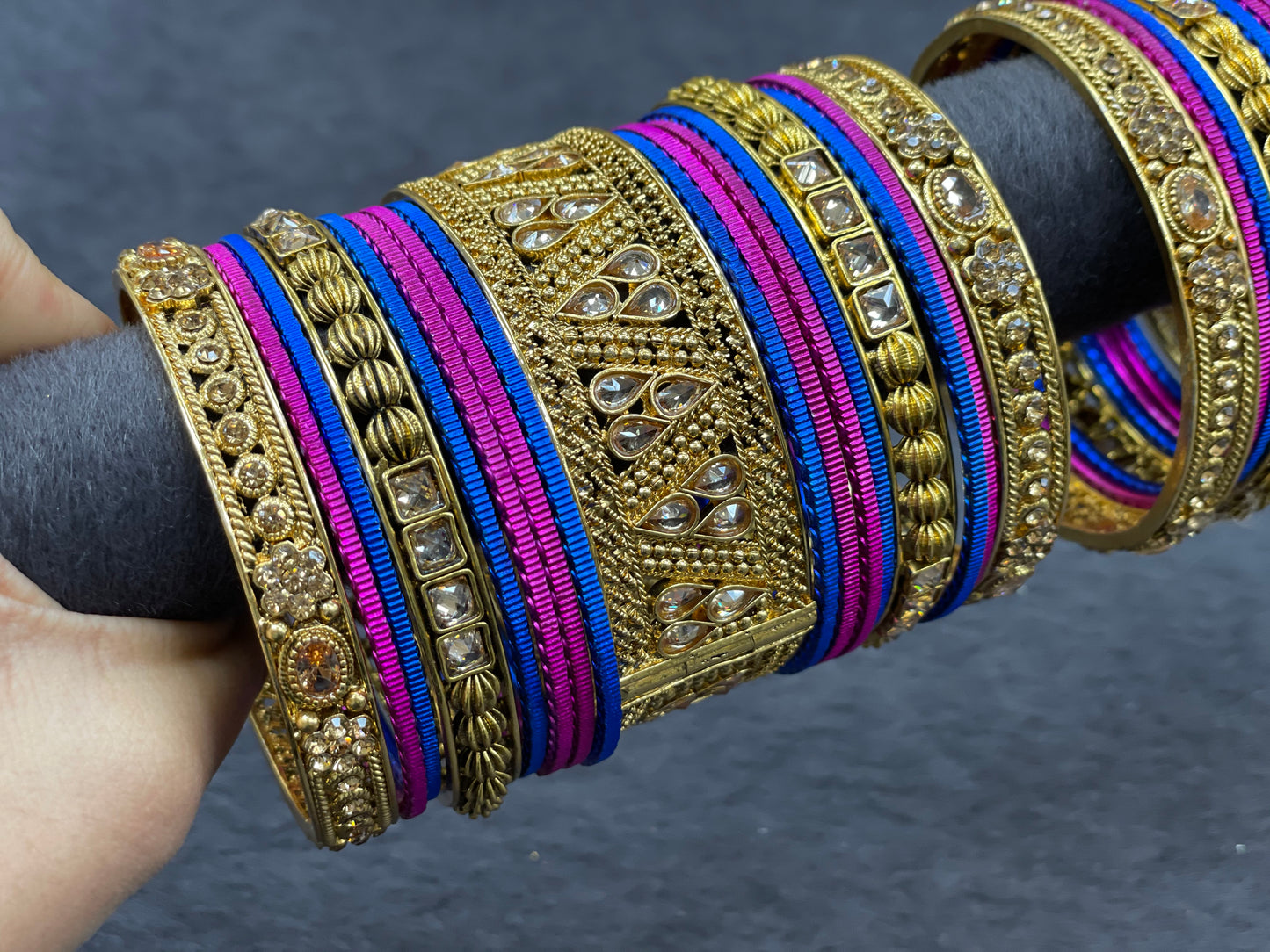 Indian Bright Gold Polki Bangle Set W/ Center Openable Kada, Size 2.6