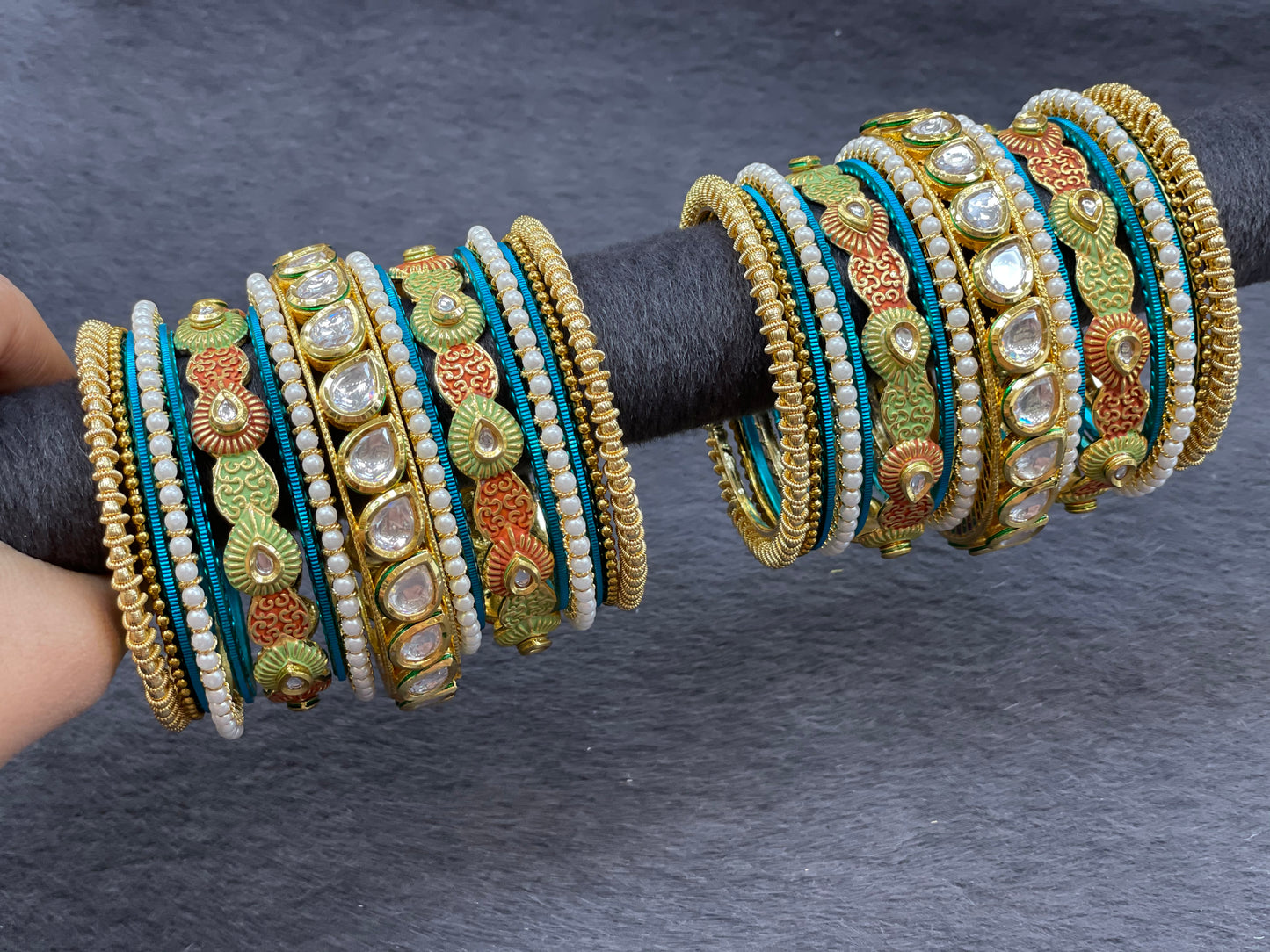 Kundan Bangle Set with Handprinted Work in Mint Accents, Size 2.4