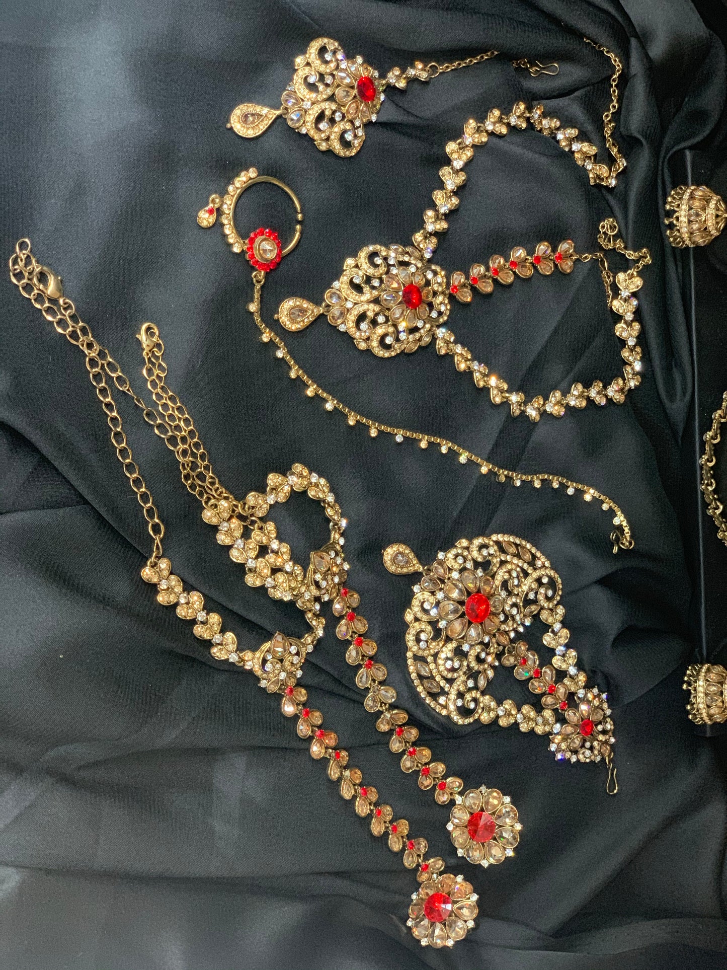 Anjali Antique Gold Bridal Jewelry Set W/ Red Rhinestones