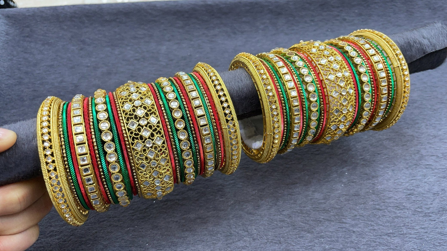 Traditional Gold Bangle Set with Kundan Kadas, ,Size 2.6