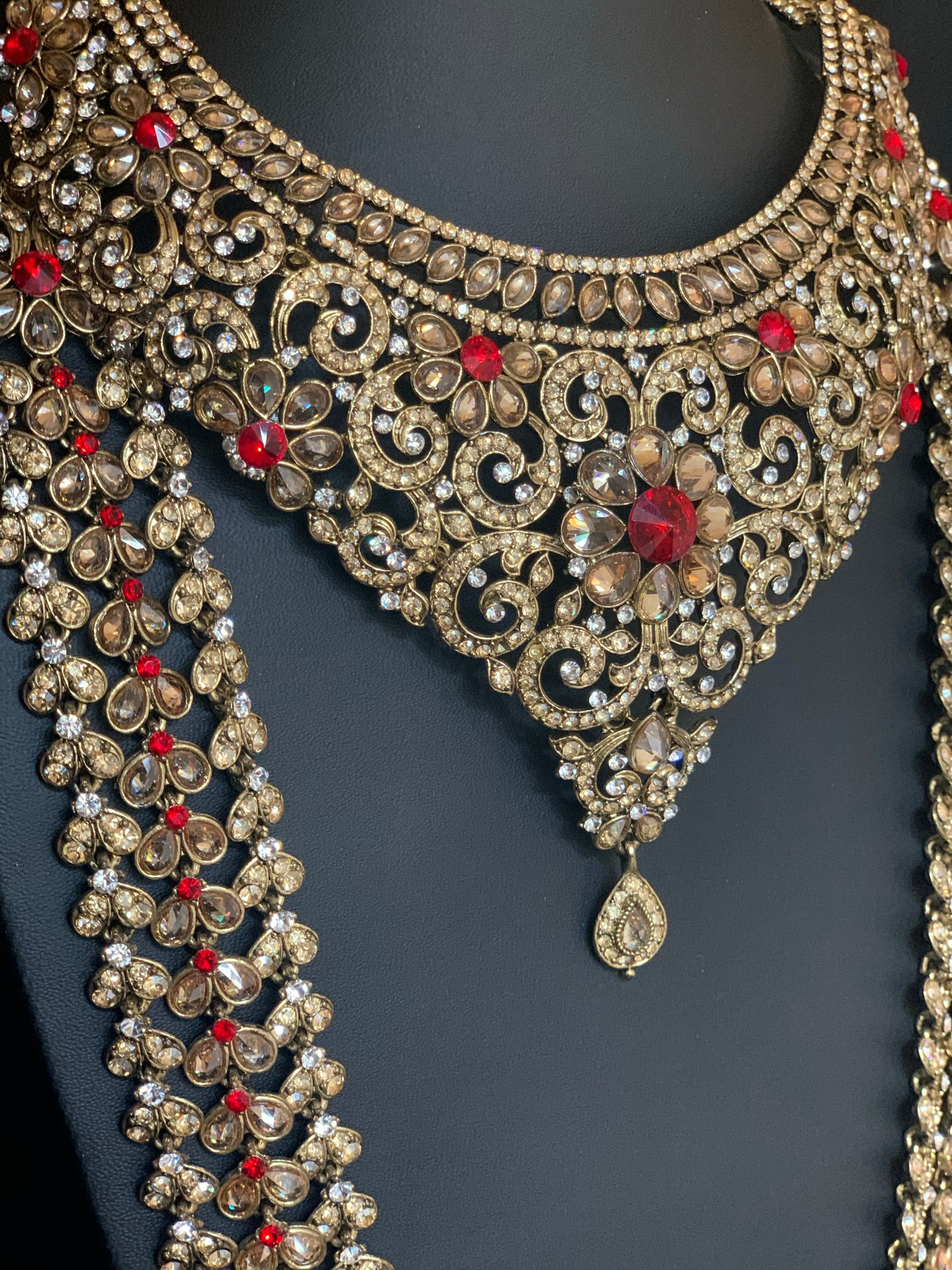 Anjali Antique Gold Bridal Jewelry Set W/ Red Rhinestones