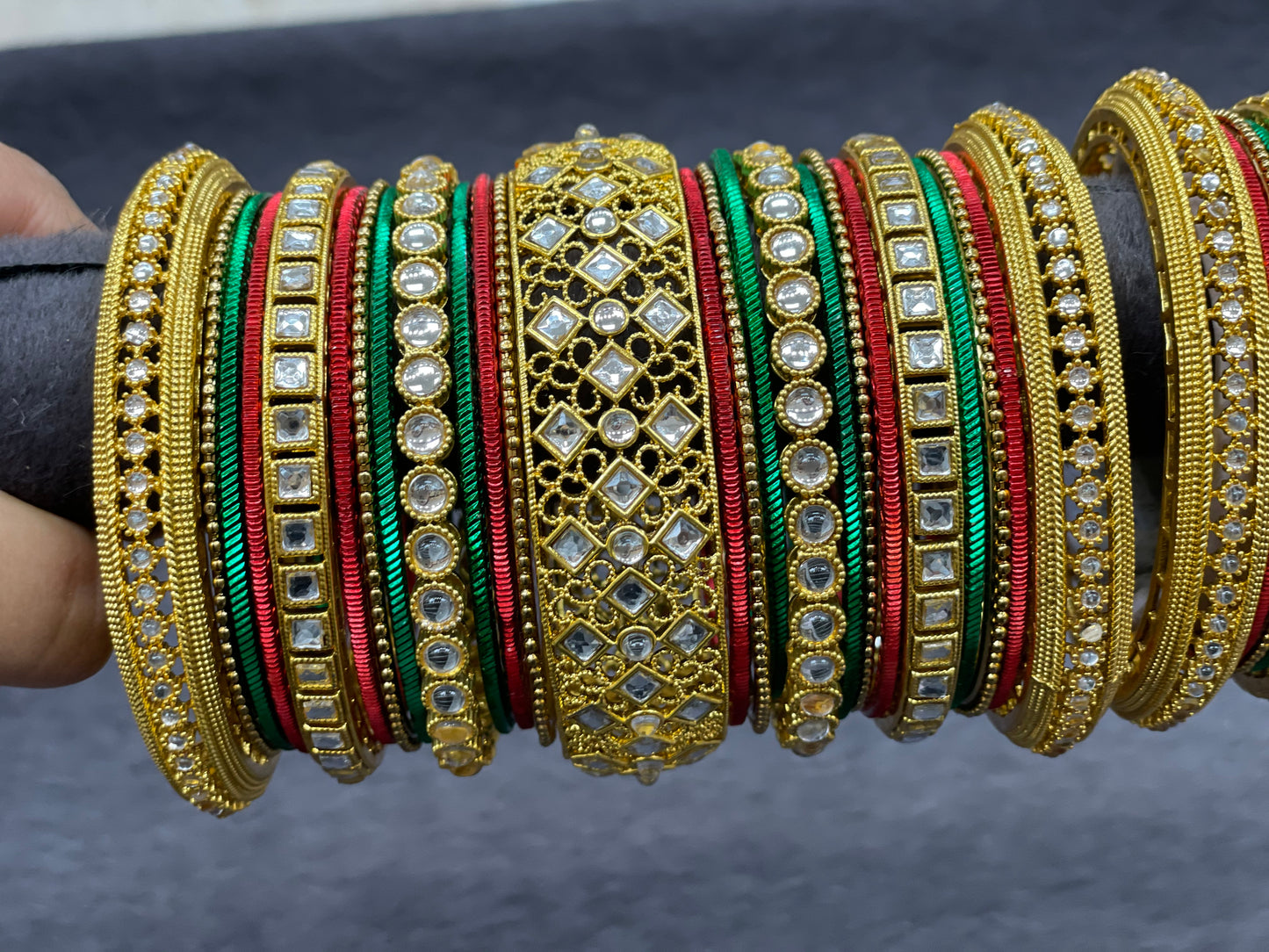 Traditional Gold Bangle Set with Kundan Kadas, ,Size 2.6