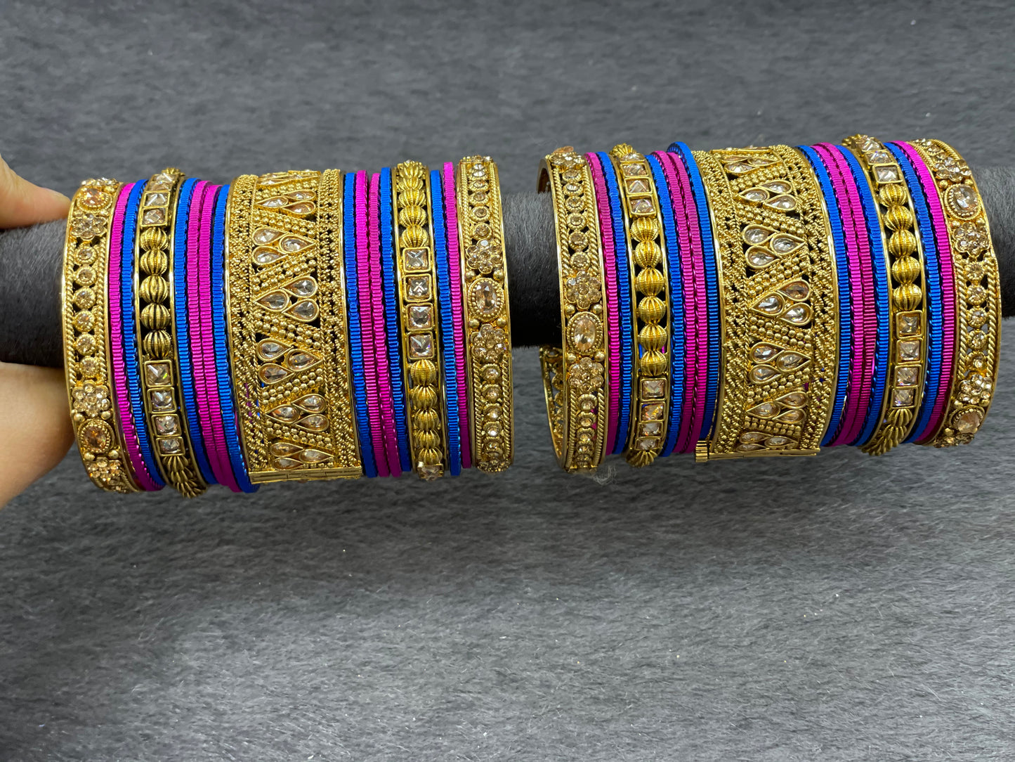 Indian Bright Gold Polki Bangle Set W/ Center Openable Kada, Size 2.6