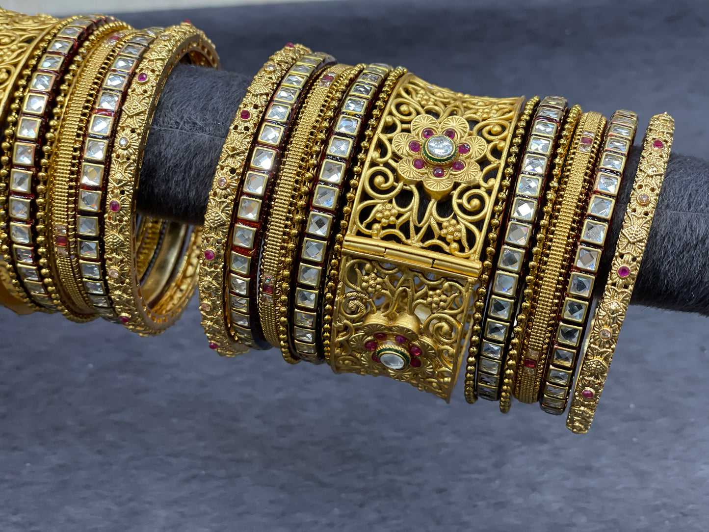 Traditional Bangle Set with Kundan and Ruby Accents W/ Adjustable Kada, Size 2.6