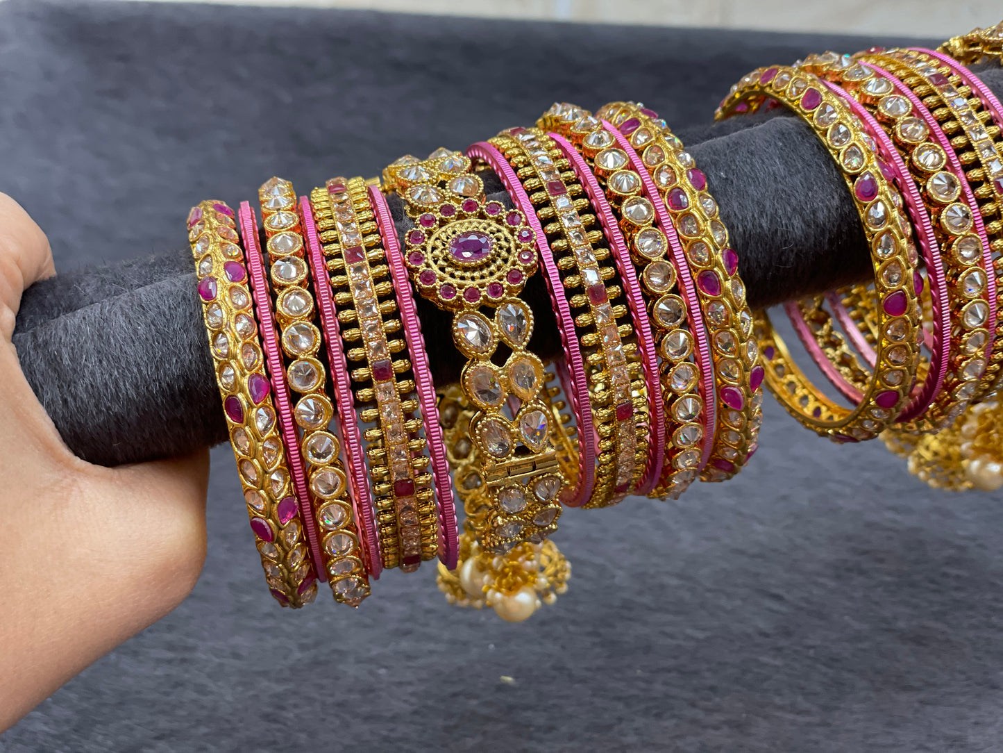 Traditional Gold Custom Bangles Set with Dropings